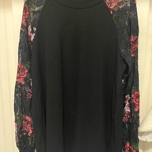 Floral Lace Sleeve Black Top